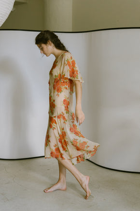 1920s silk chiffon floral capelet dress