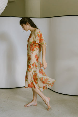 1920s silk chiffon floral capelet dress
