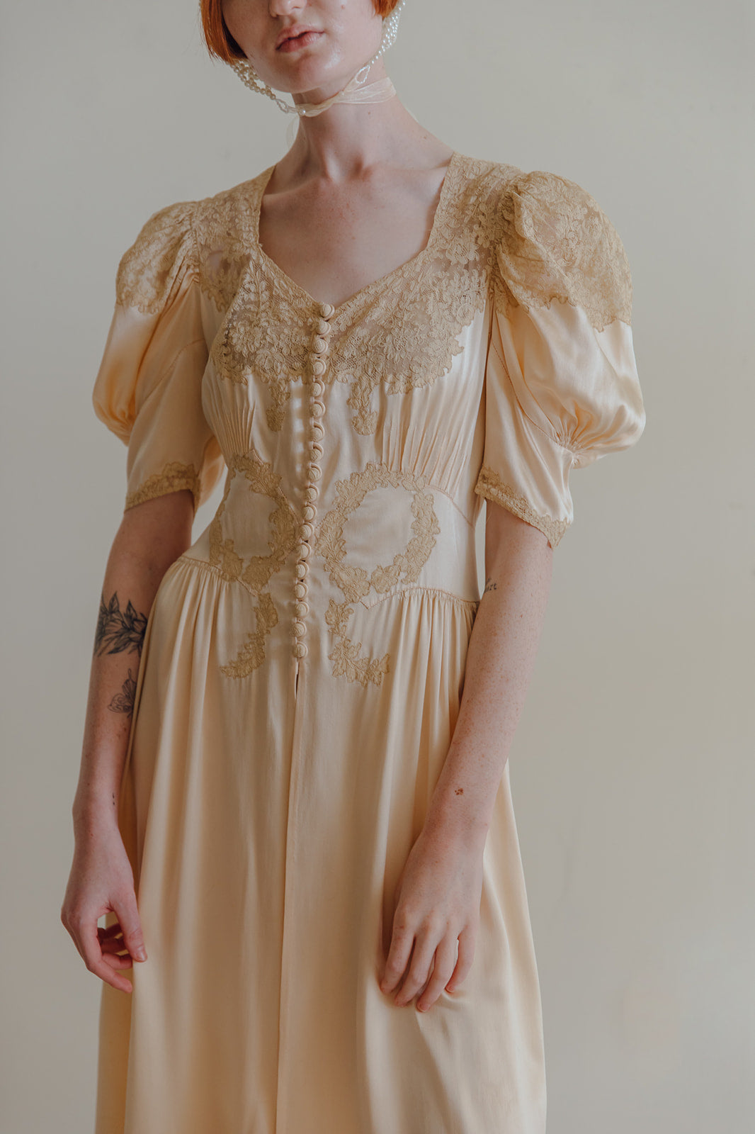 1930s French trousseau peignoir silk lace robe
