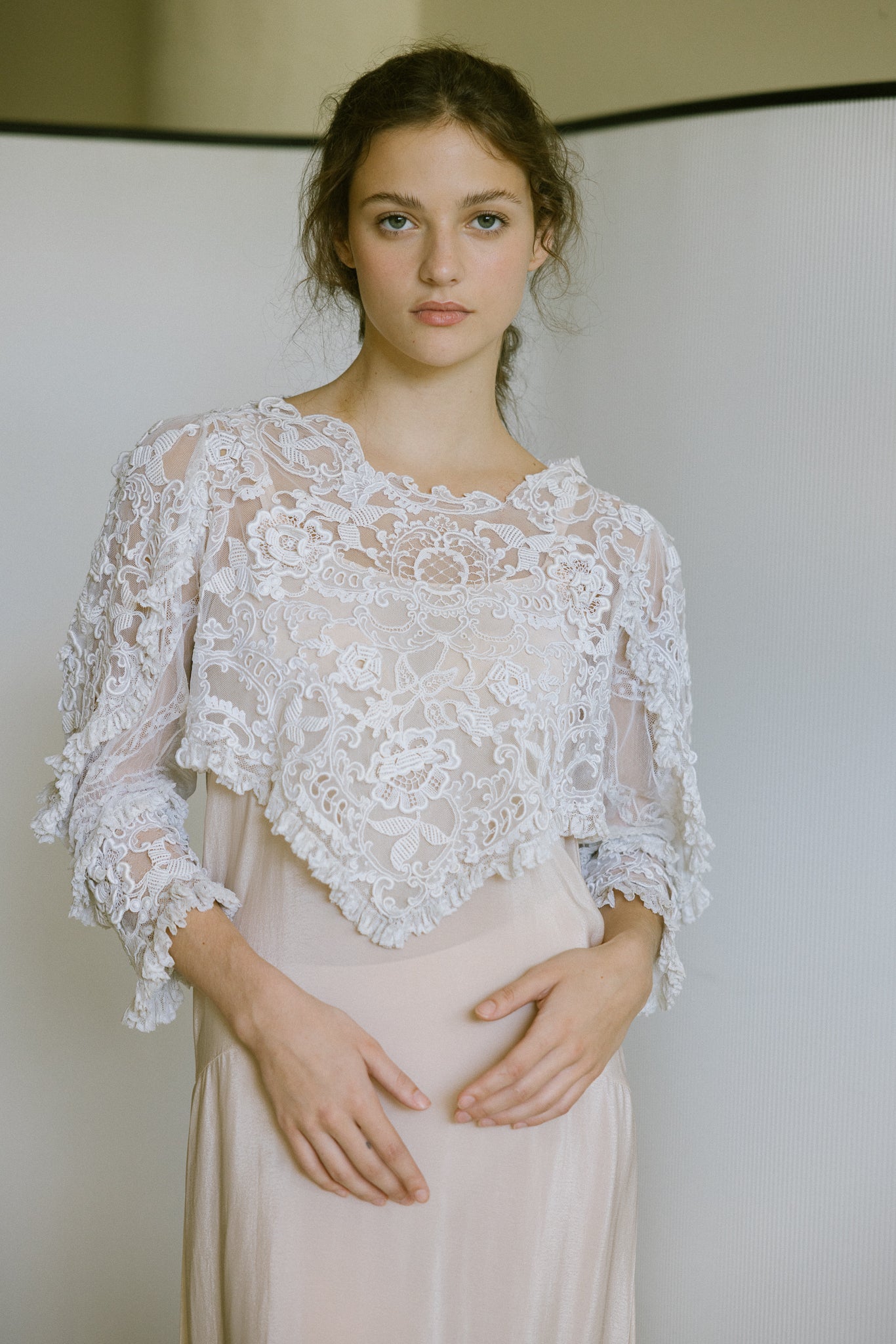 1910s pointed mixed lace embroidered blouse