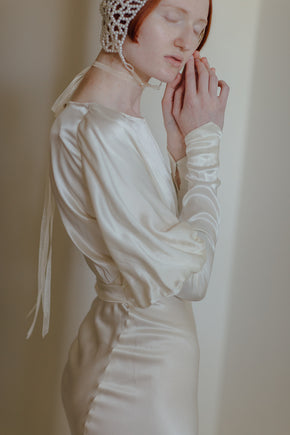1930s bias trained silk satin Juliet sleeve wedding gown