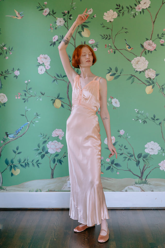 1930s braided french silk satin bias cut nightgown