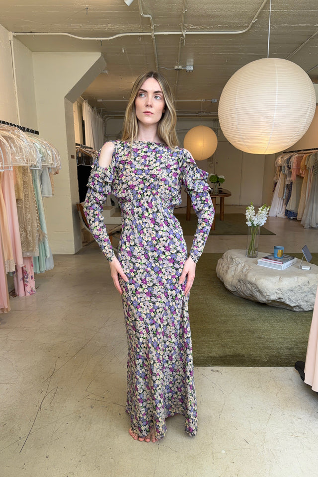 1930s floral print silk crepe cold shoulder dress