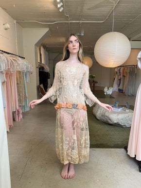 1920s filet lace net rossette dress