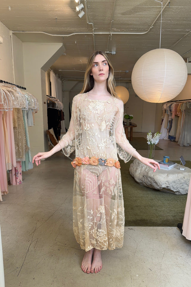 1920s filet lace net rossette dress