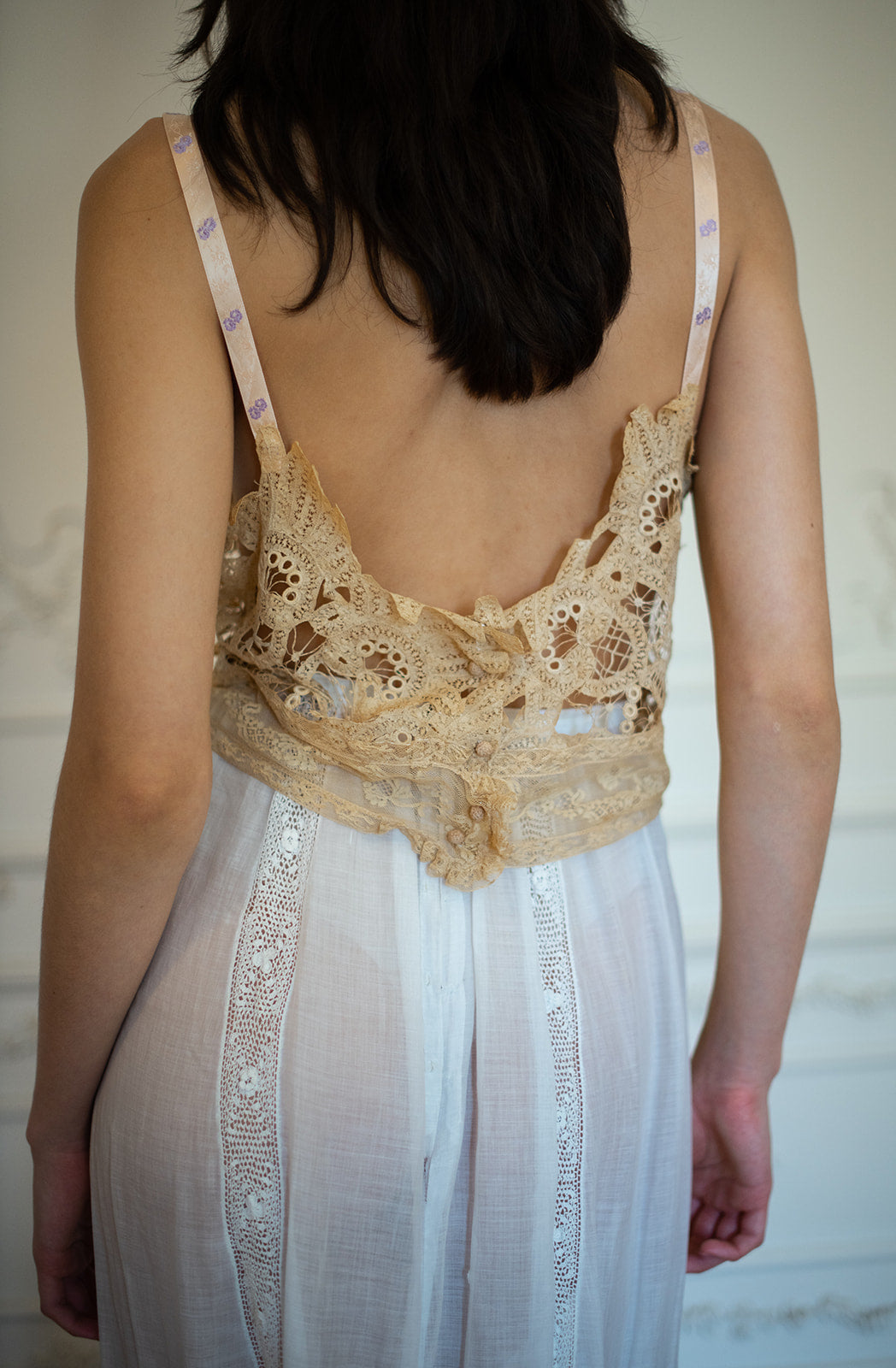 Antique ecru lace French trousseau corset cover