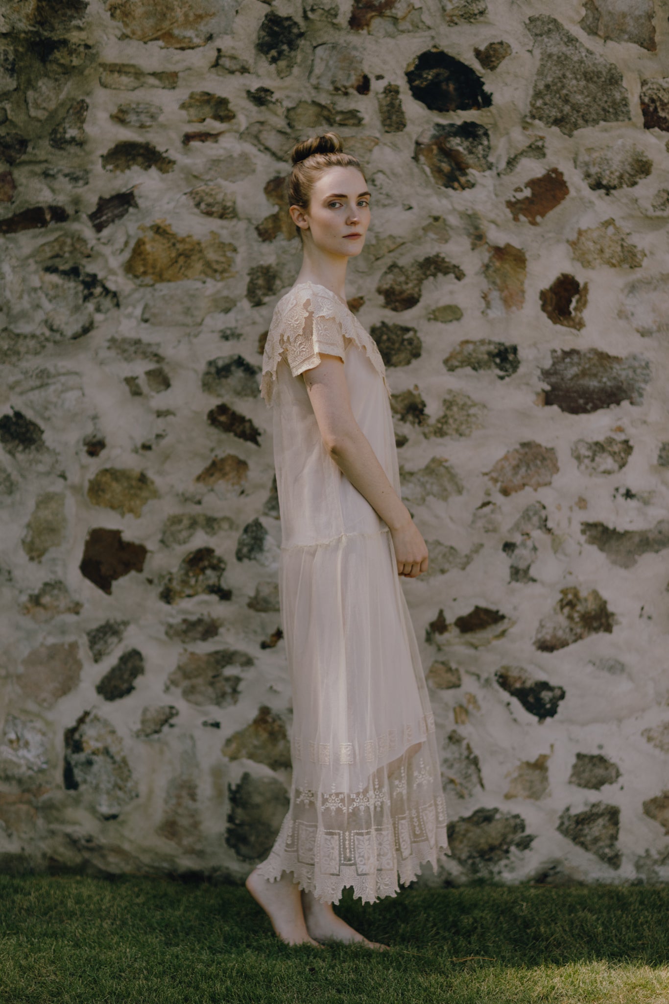 1930 embroidered cream lace cotton dress