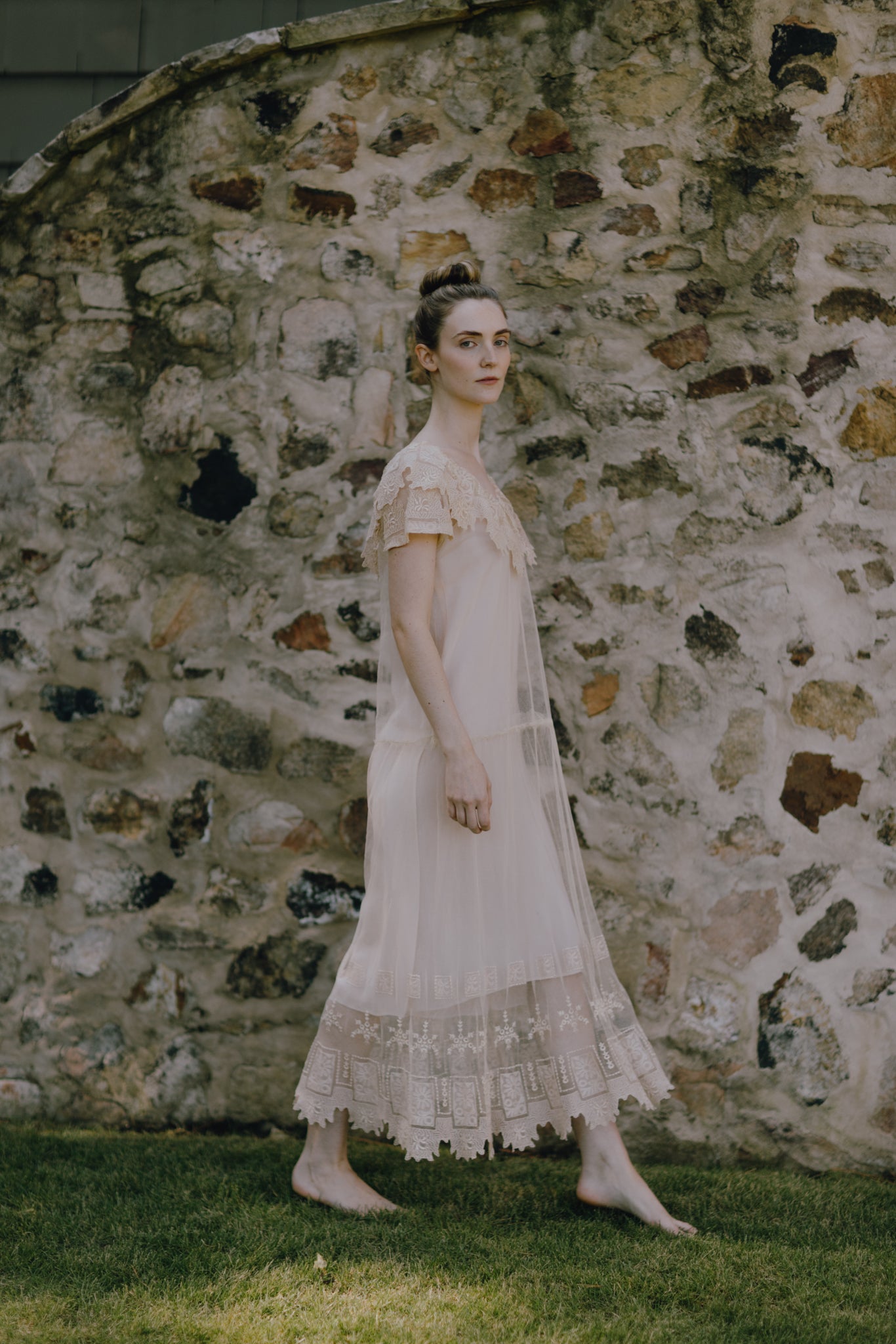 1930 embroidered cream lace cotton dress