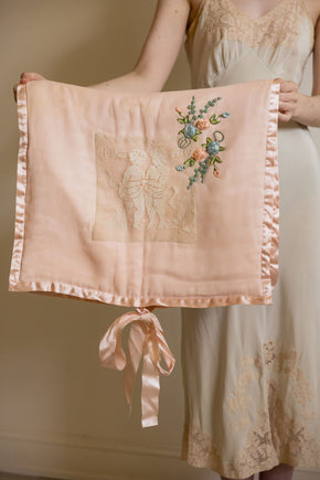 Antique 1930s silk lace cherub lingerie bag