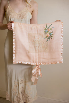 Antique 1930s silk lace cherub lingerie bag