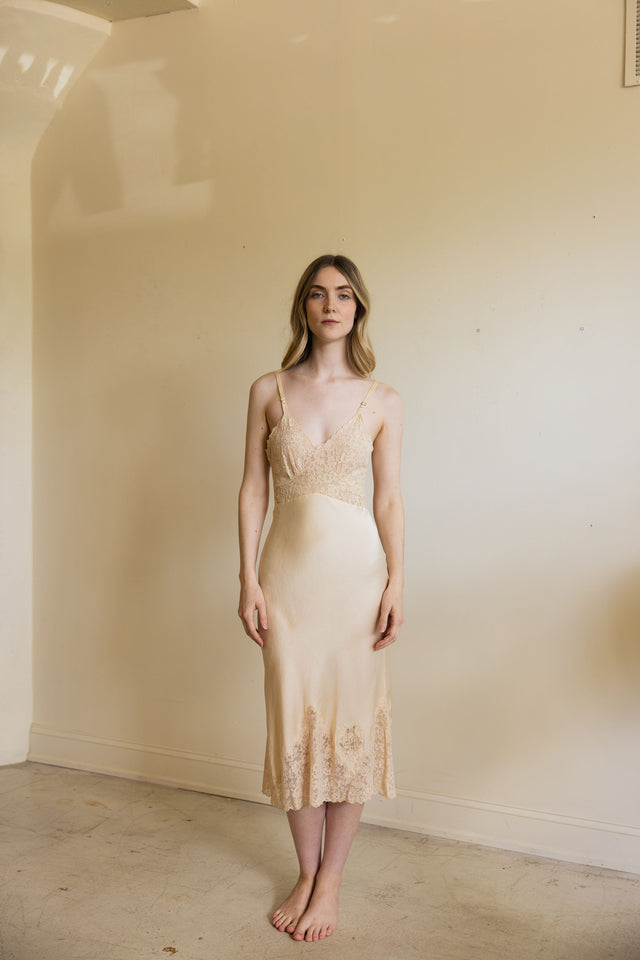 1930s champagne monogrammed silk lace half slip