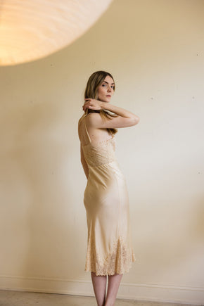 1930s champagne monogrammed silk lace half slip