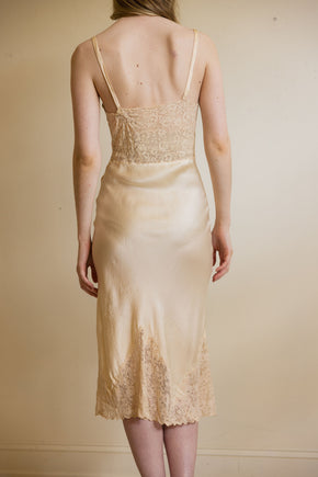 1930s champagne monogrammed silk lace half slip