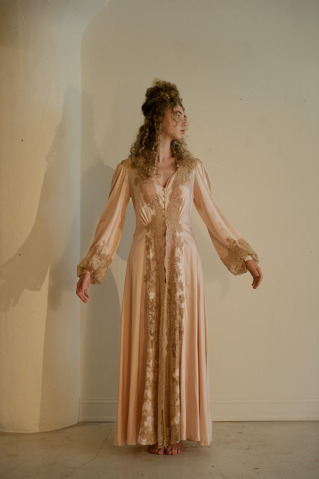 1930s silk lace balloon sleeve peignoir