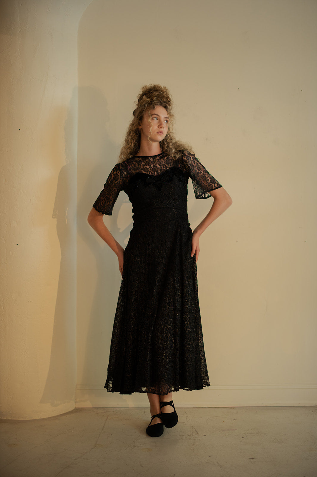 1940s chantilly lace evening gown