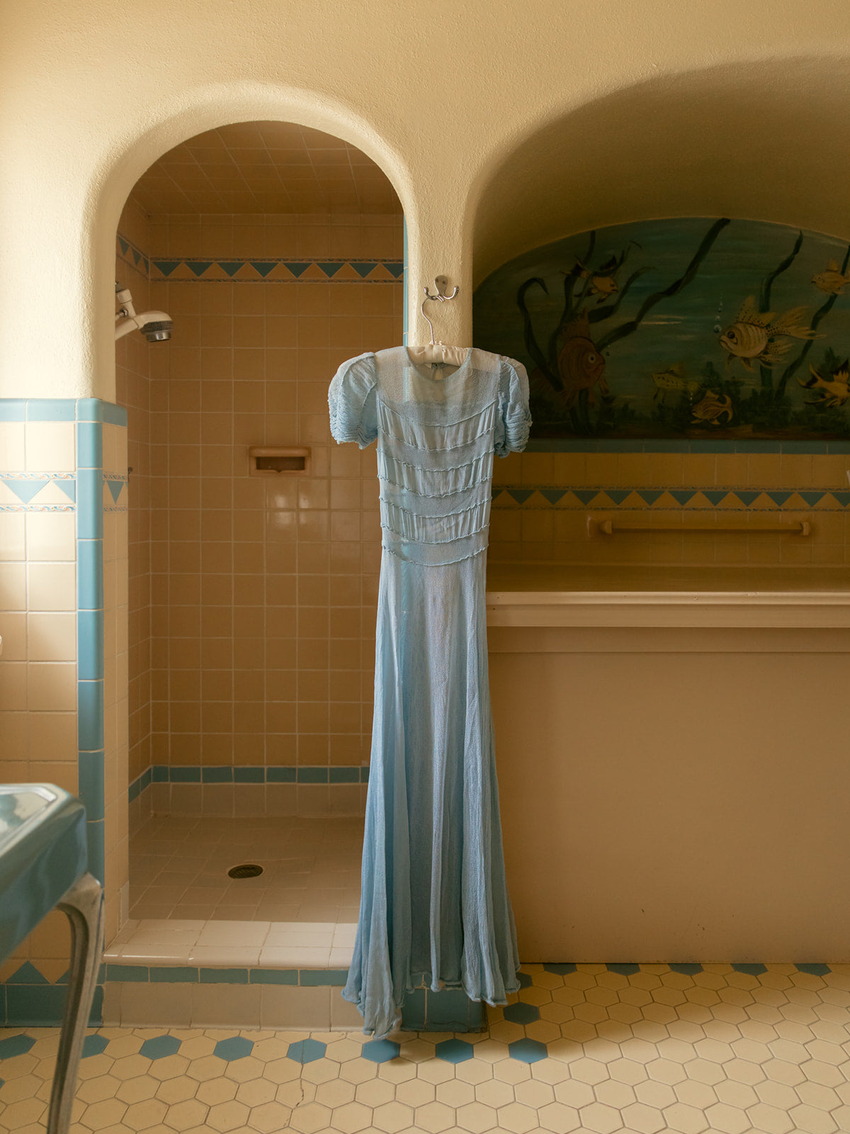 1930s baby blue net french cap sleeves gown XS