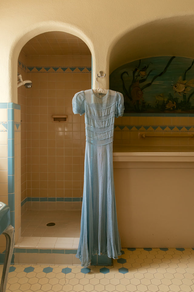 1930s baby blue net french cap sleeves gown XS