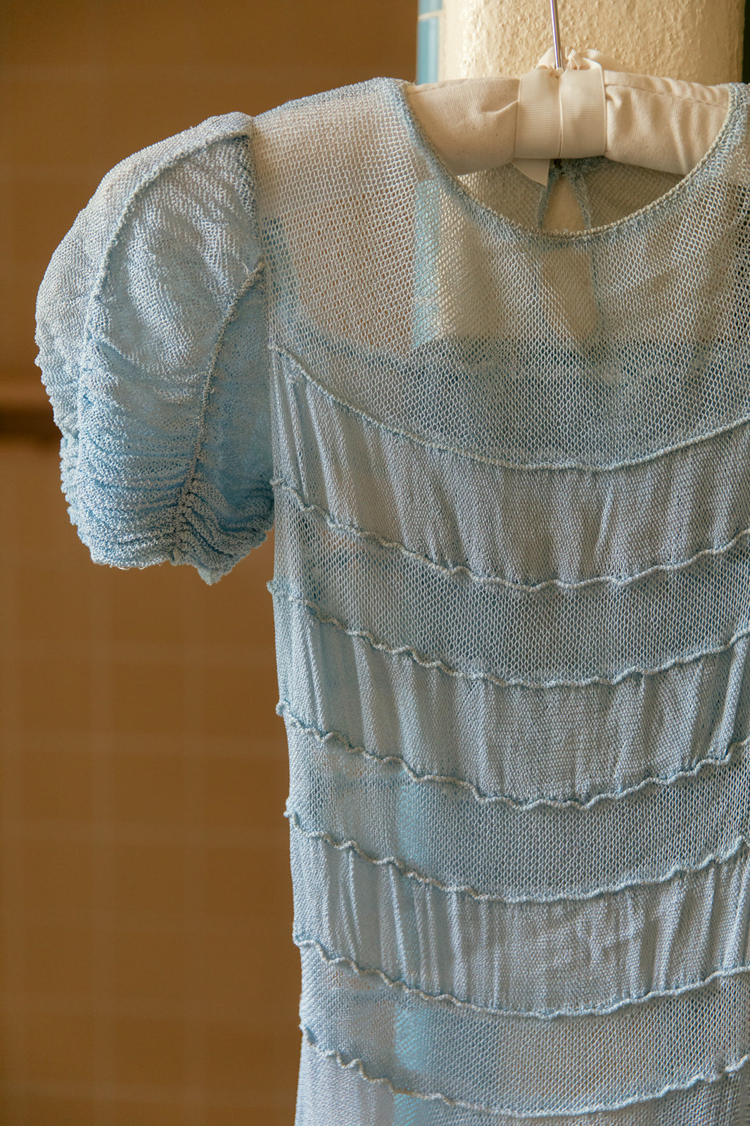 1930s baby blue net french cap sleeves gown XS