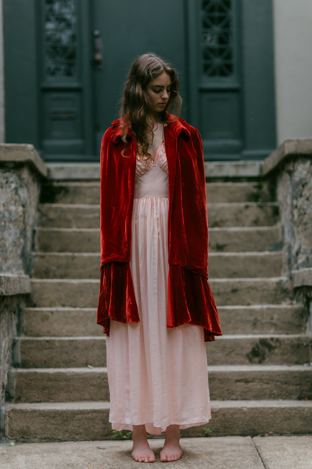 1920s red silk velvet evening cape
