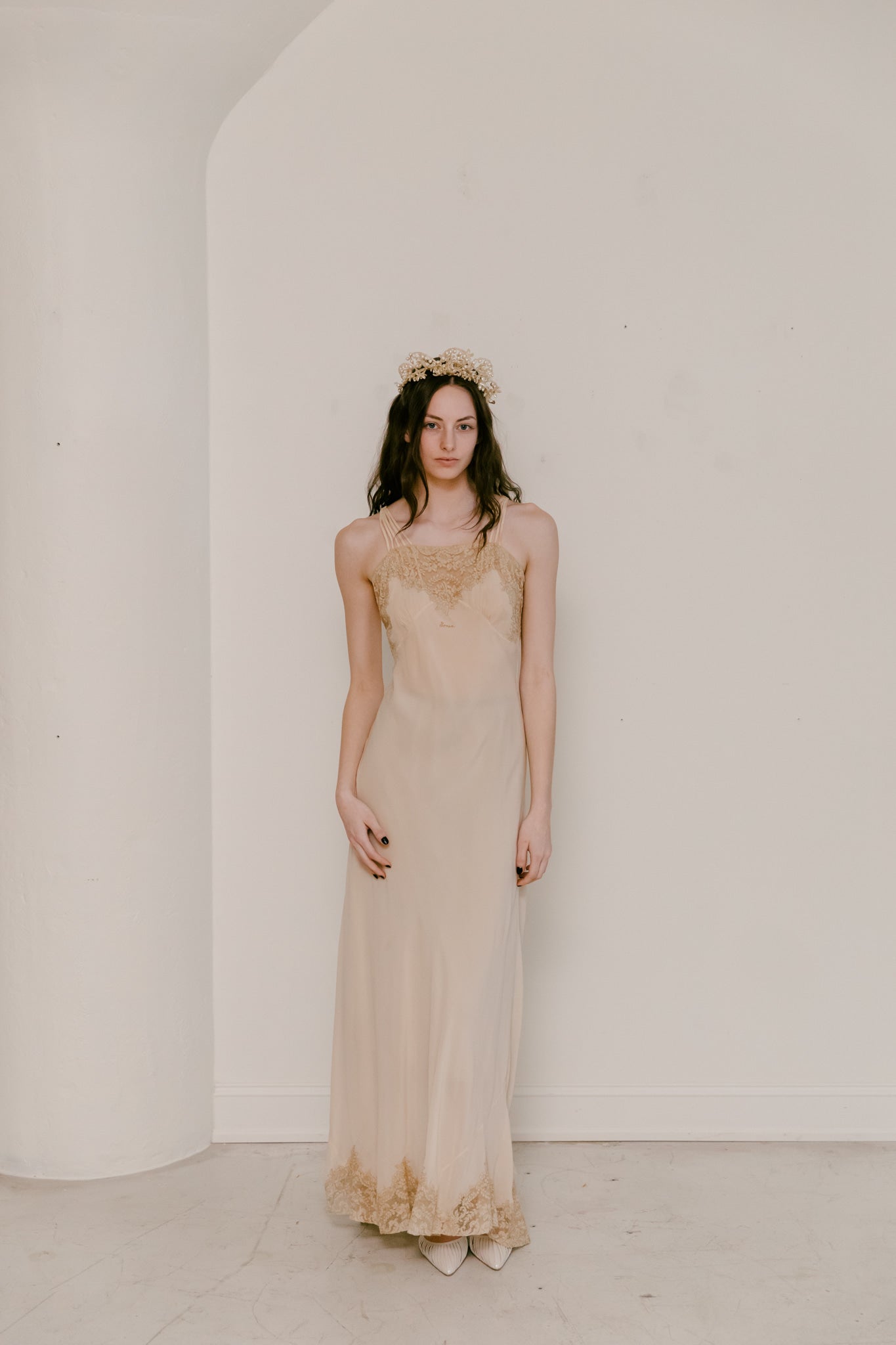 1930s 'Sonia' silk lace bias cut slip gown Devore Vintage 1930s 'Sonia' silk lace bias cut slip gown Devore Vintage
