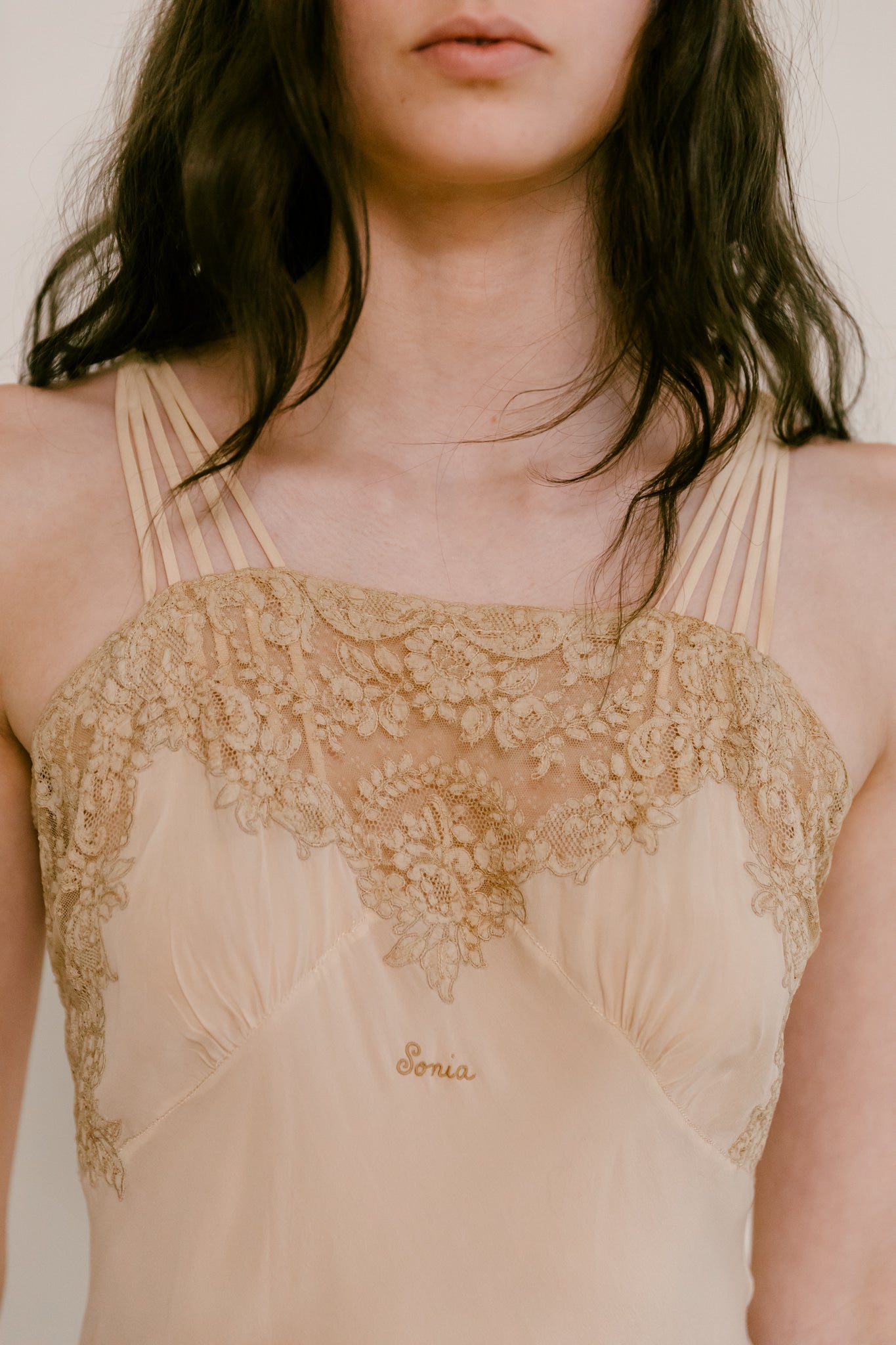 1930s 'Sonia' silk lace bias cut slip gown