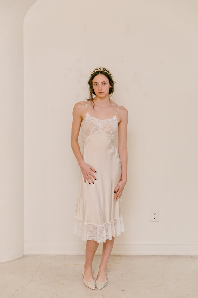 1930s French trousseau bow slip silk lace