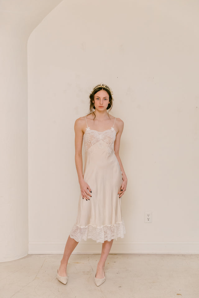 1930s French trousseau bow slip silk lace