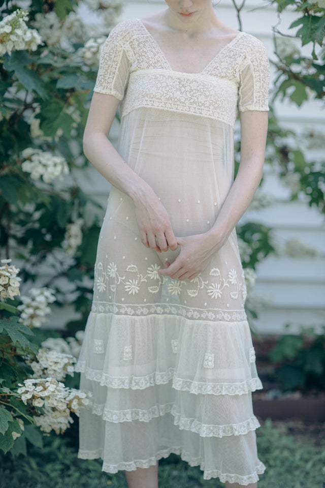 Antique 1920s embroidered french net dress