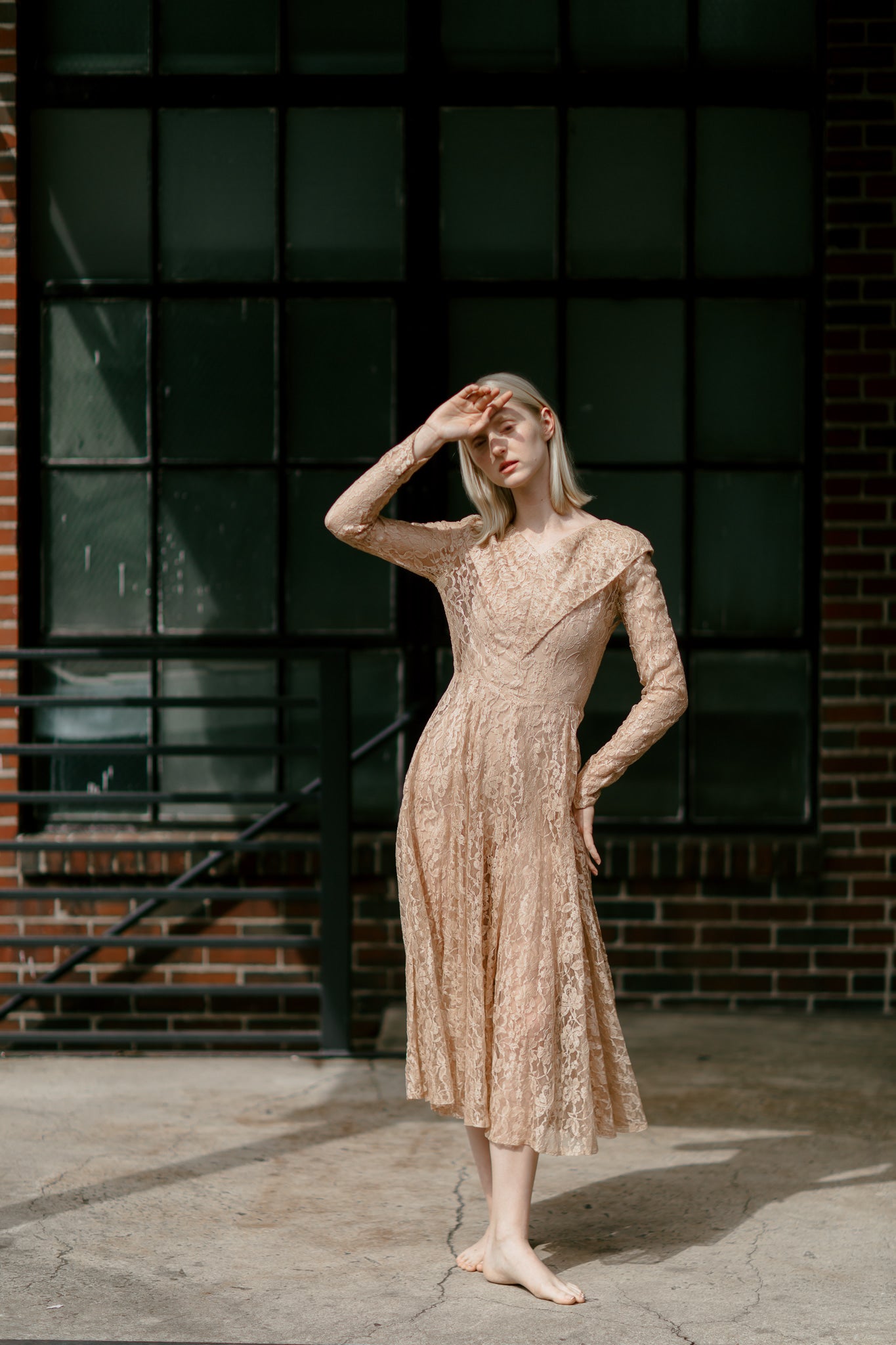 1940s nude chantilly lace evening dress