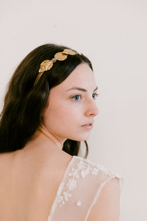1940s Miriam Haskell guilt gold leaf headpiece