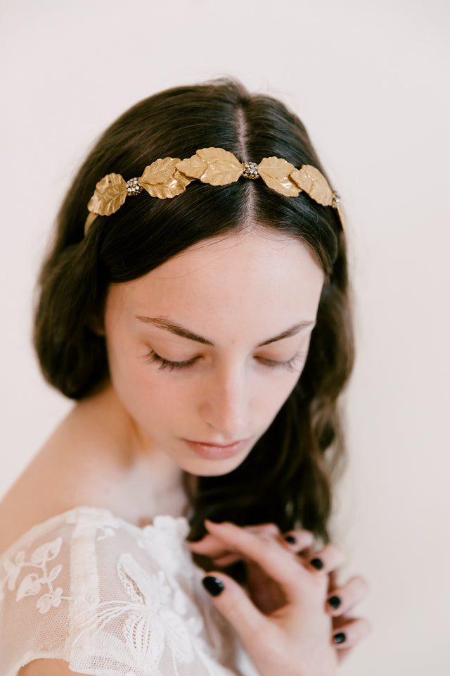1940s Miriam Haskell guilt gold leaf headpiece