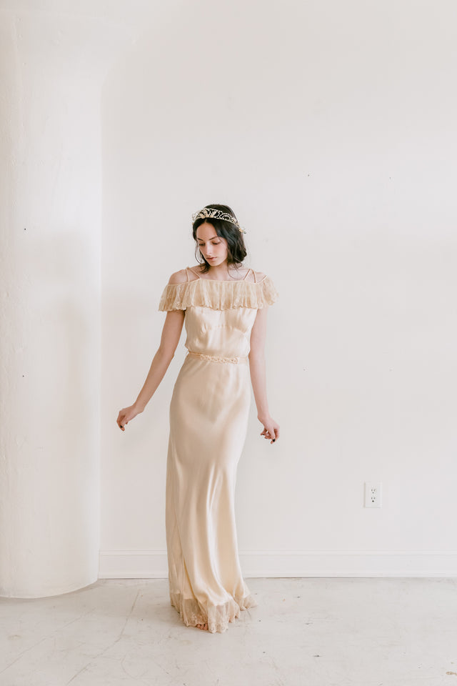 1930s golden silk braided strap + lace gown