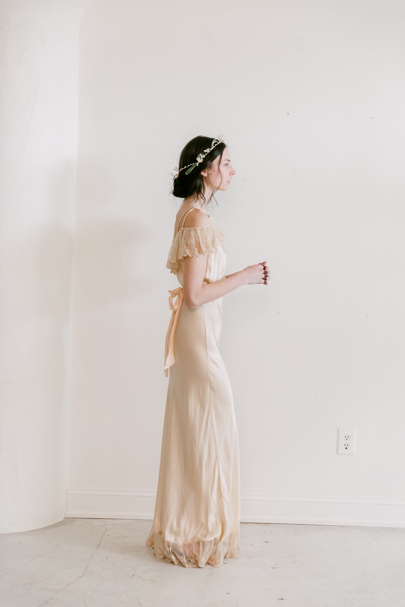 1930s golden silk braided strap + lace gown