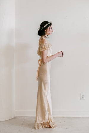 1930s golden silk braided strap + lace gown