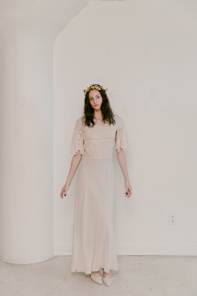 1930s french bias couture crepe chiffon lace gown