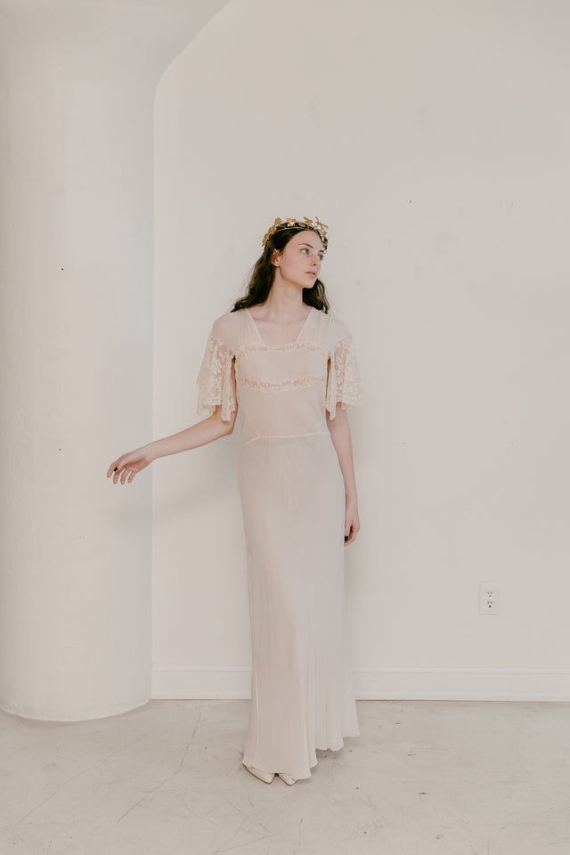 1930s french bias couture crepe chiffon lace gown