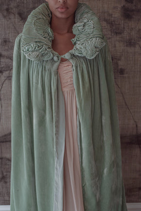 1920s French mint green silk velvet opera cape