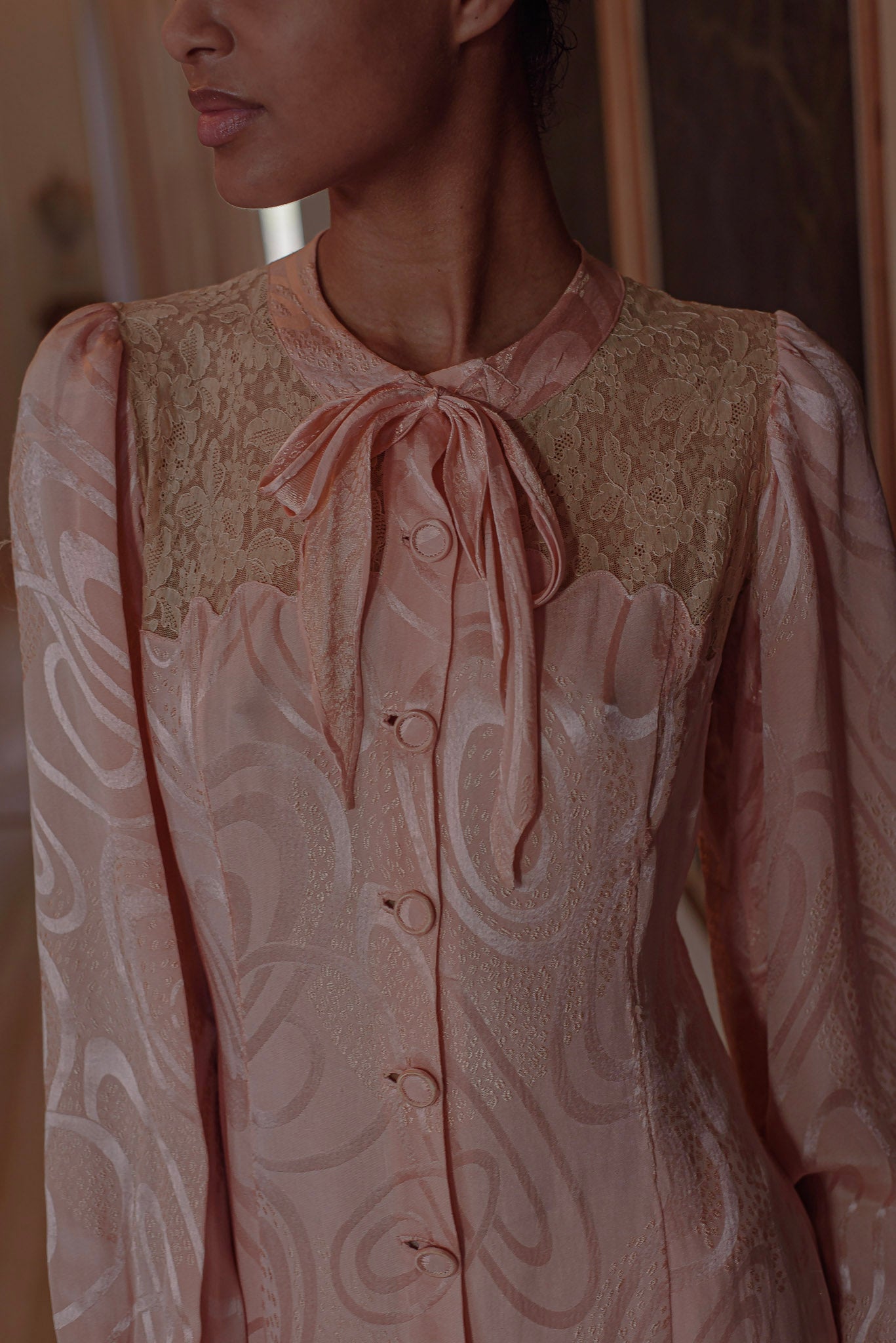 1930s French damask silk lace nightgown