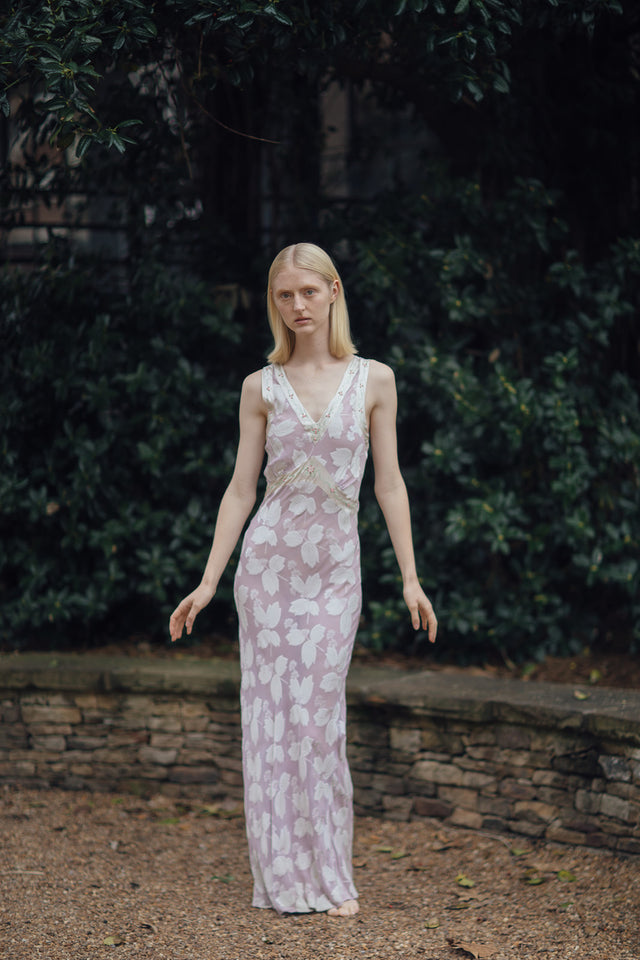 1930s lavender crepe chiffon leaf pattern nightgown